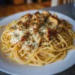 Creamy Cajun Chicken Spaghetti topped with garlic mozzarella sauce