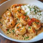 Plate of easy creamy garlic shrimp garnished with parsley