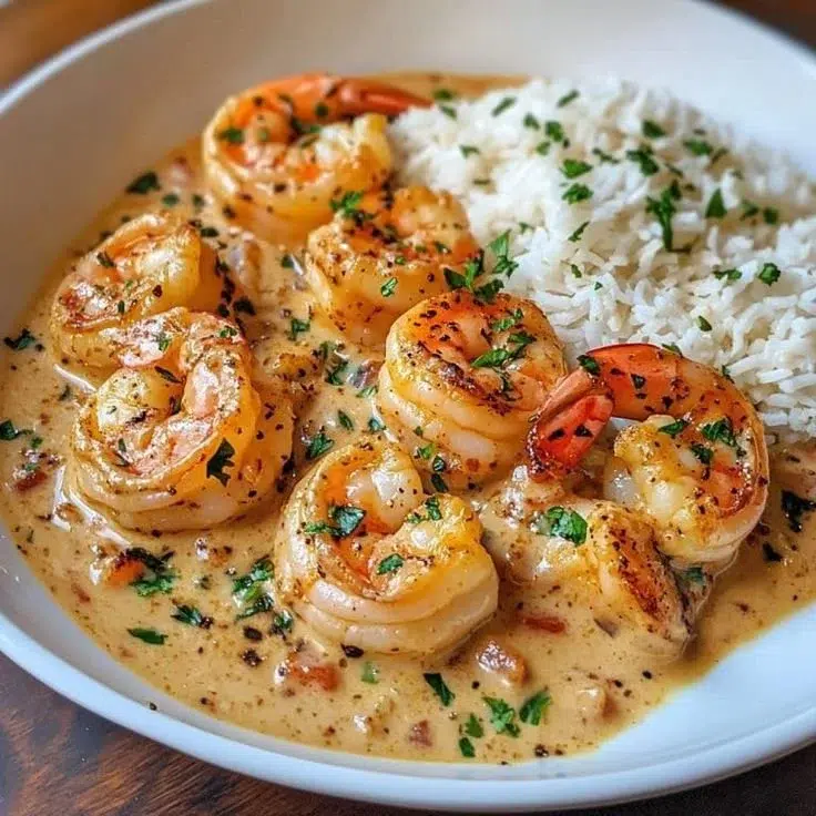 Plate of easy creamy garlic shrimp garnished with parsley