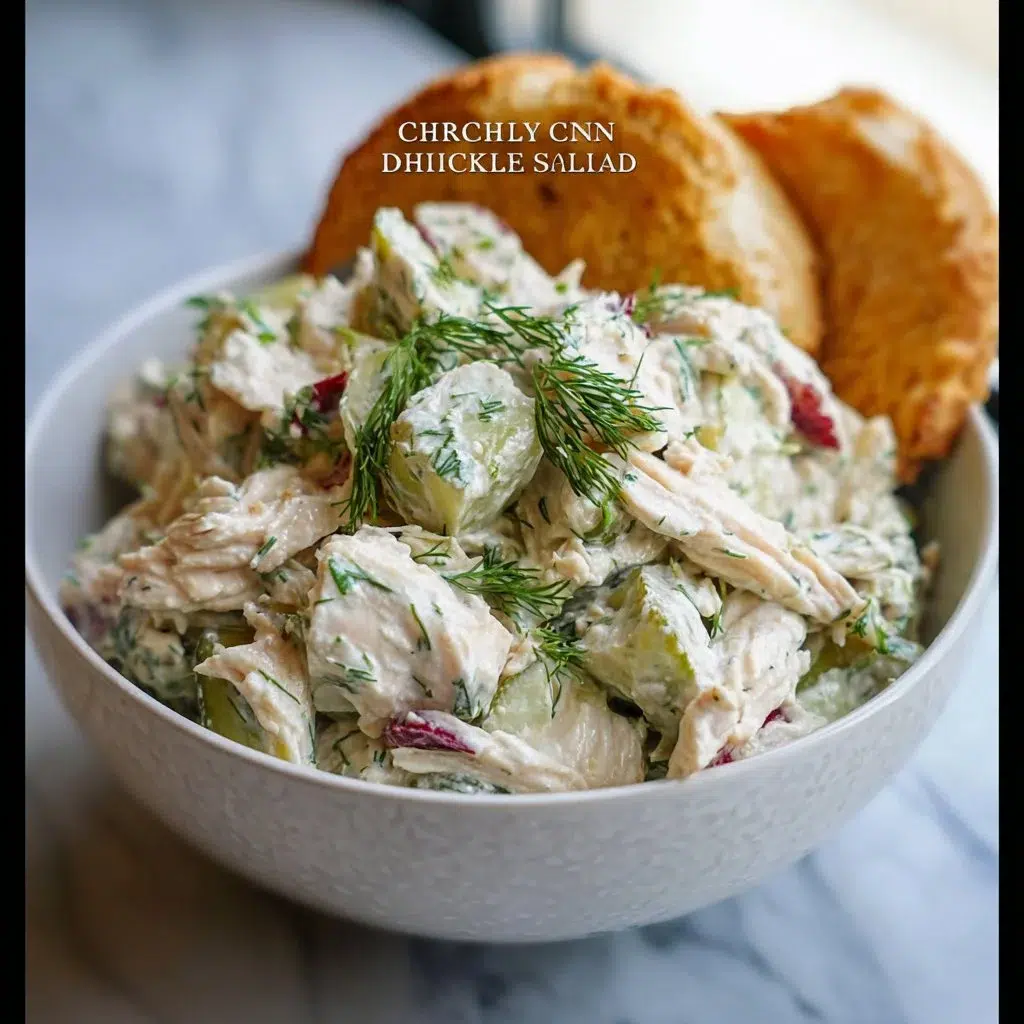 Delicious flavored dill pickle chicken salad in a bowl with garnishes