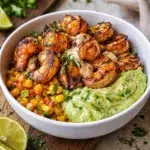 Grilled shrimp bowl with avocado and corn salsa on a white plate