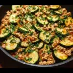 Ground turkey and zucchini skillet cooking in a pan.