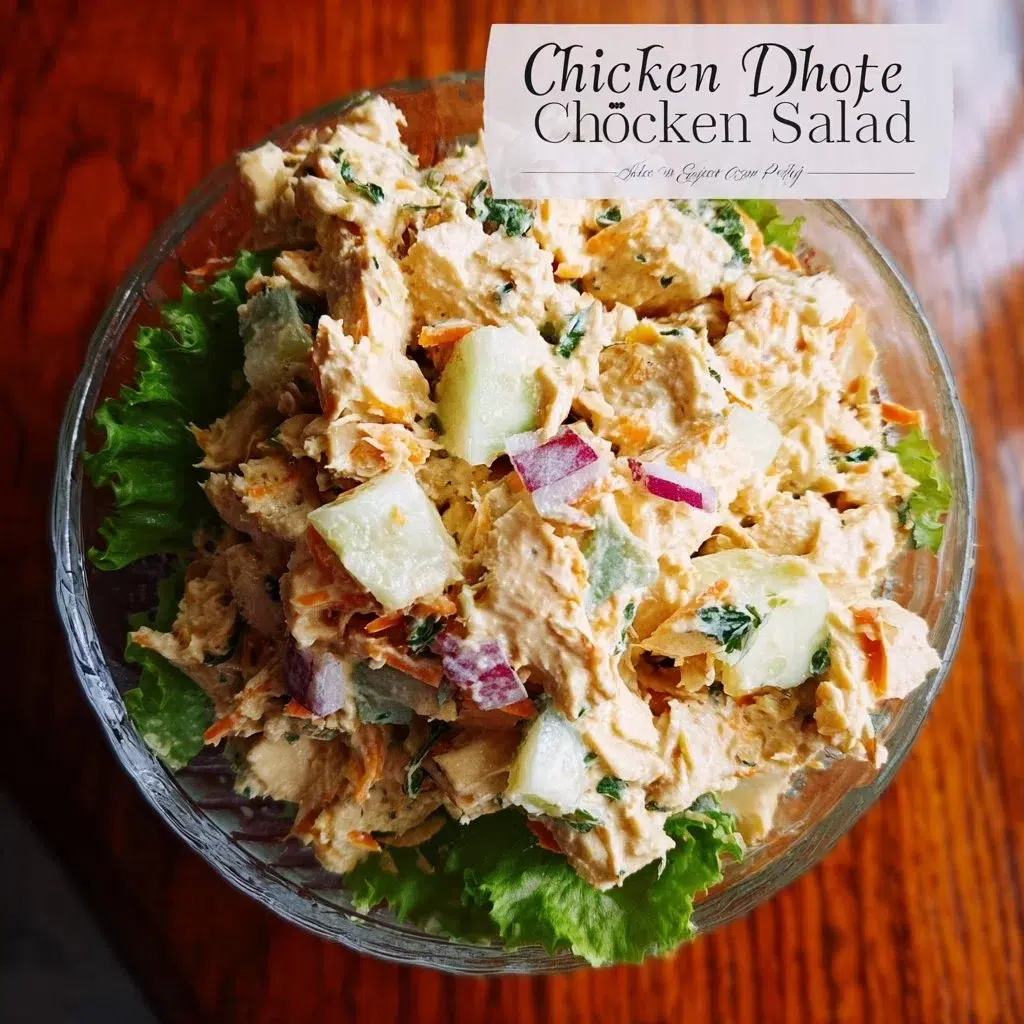 High protein chicken salad with fresh vegetables and dressing