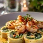 Shrimp and spinach stuffed pasta rolls ready to be served.