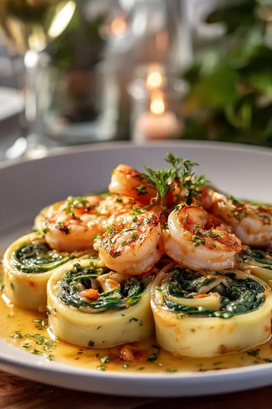 Shrimp and spinach stuffed pasta rolls ready to be served.