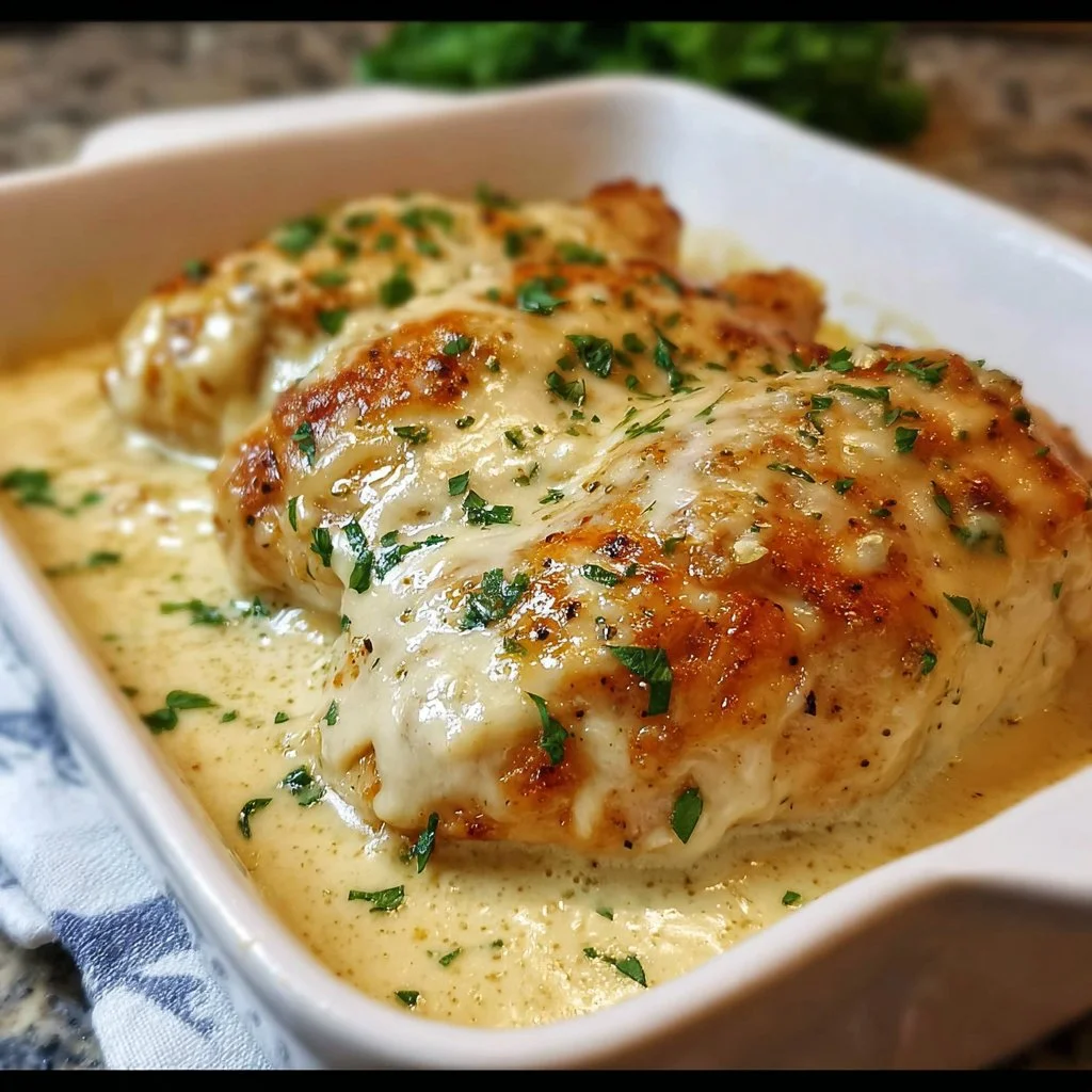 Smothered cheesy sour cream chicken recipe with creamy sauce and cheese