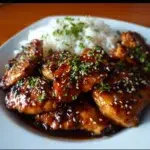 A plate of delicious homemade teriyaki chicken served with vegetables and rice.