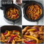 Air fryer chicken fajitas with colorful peppers and onions served in a tortilla.