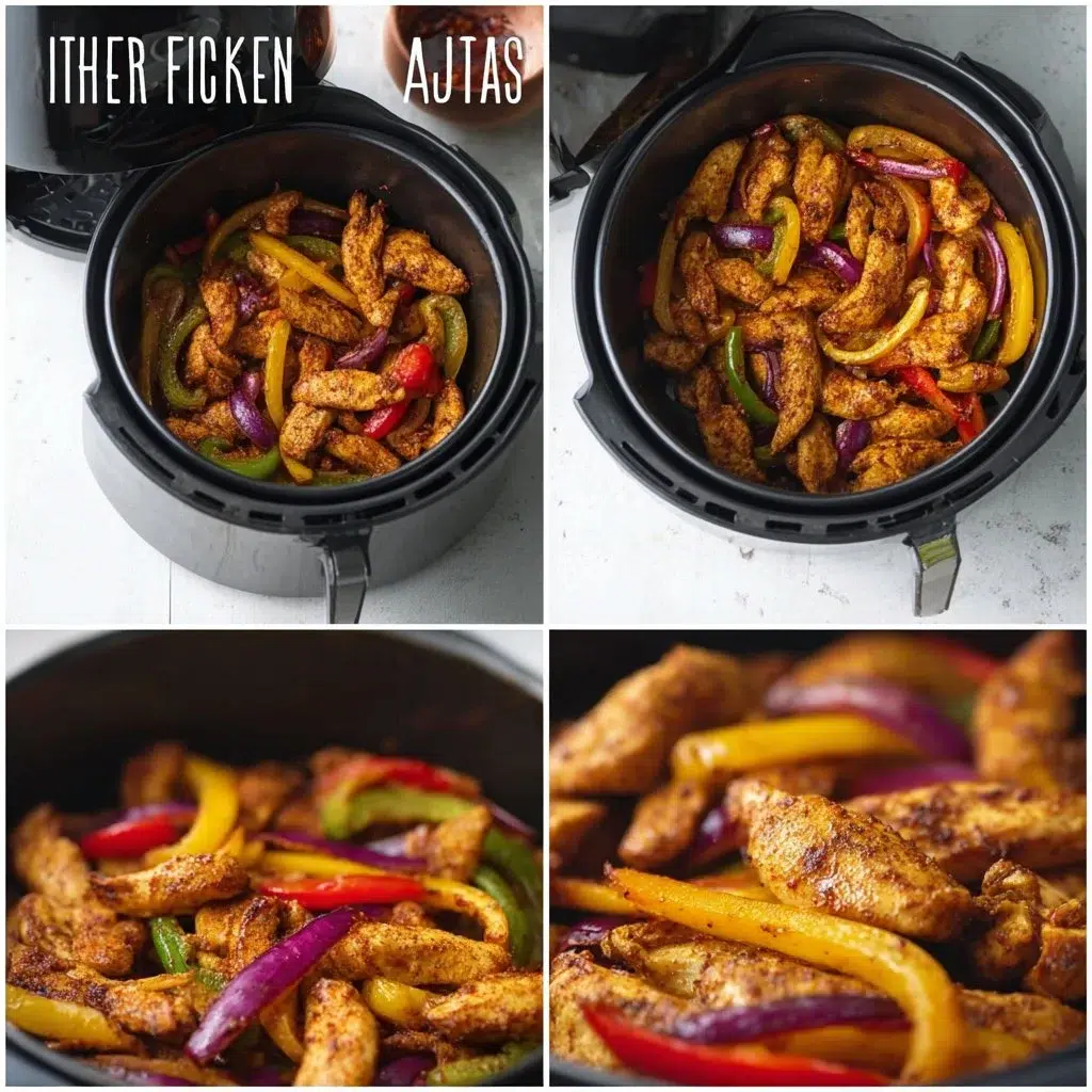 Air Fryer Chicken Fajitas Recipe - Quick and Delicious Meal. 8 Air fryer chicken fajitas with colorful peppers and onions served in a tortilla.