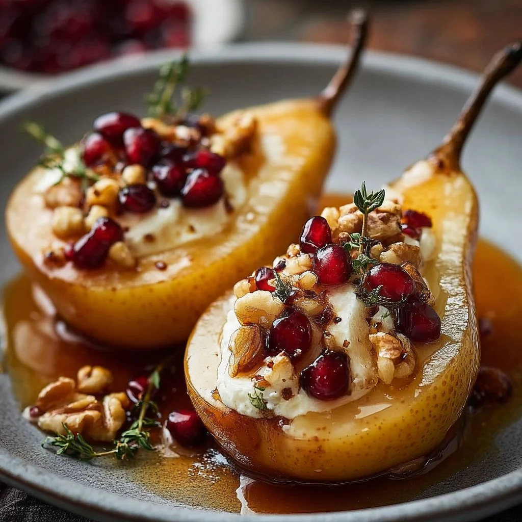Baked Pears with Goat Cheese, Honey, and Cranberries 6 Baked pears with goat cheese, honey, and cranberries on a serving plate
