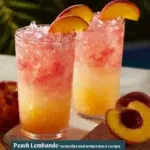 Glass of Beach Peach Lemonade with fresh peaches and lemons on a beach