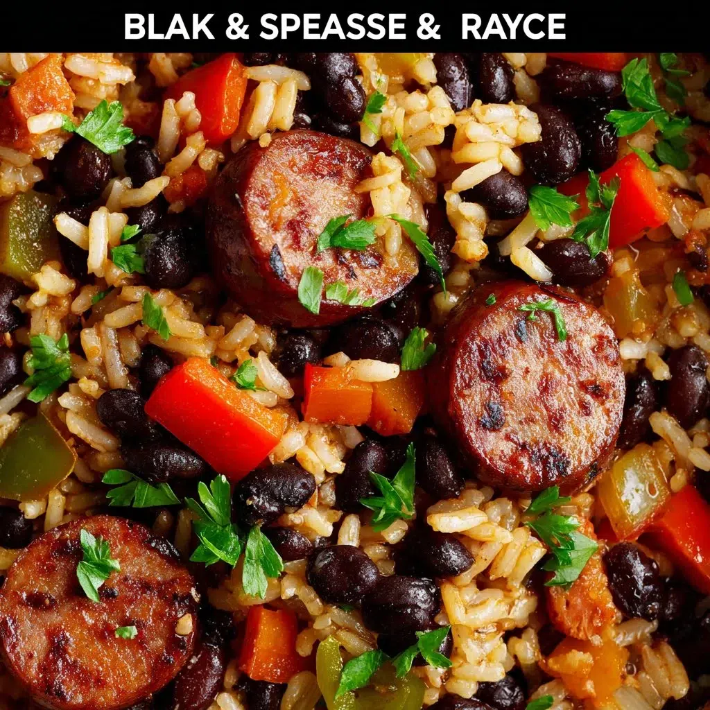 Delicious black beans and rice with sausage served in a bowl.