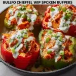 Buffalo Chicken Stuffed Peppers served on a plate with a side salad.