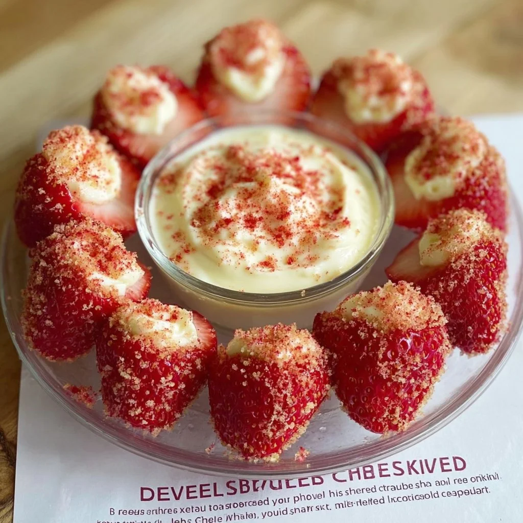 Cheesecake Deviled Strawberries topped with creamy cheesecake filling
