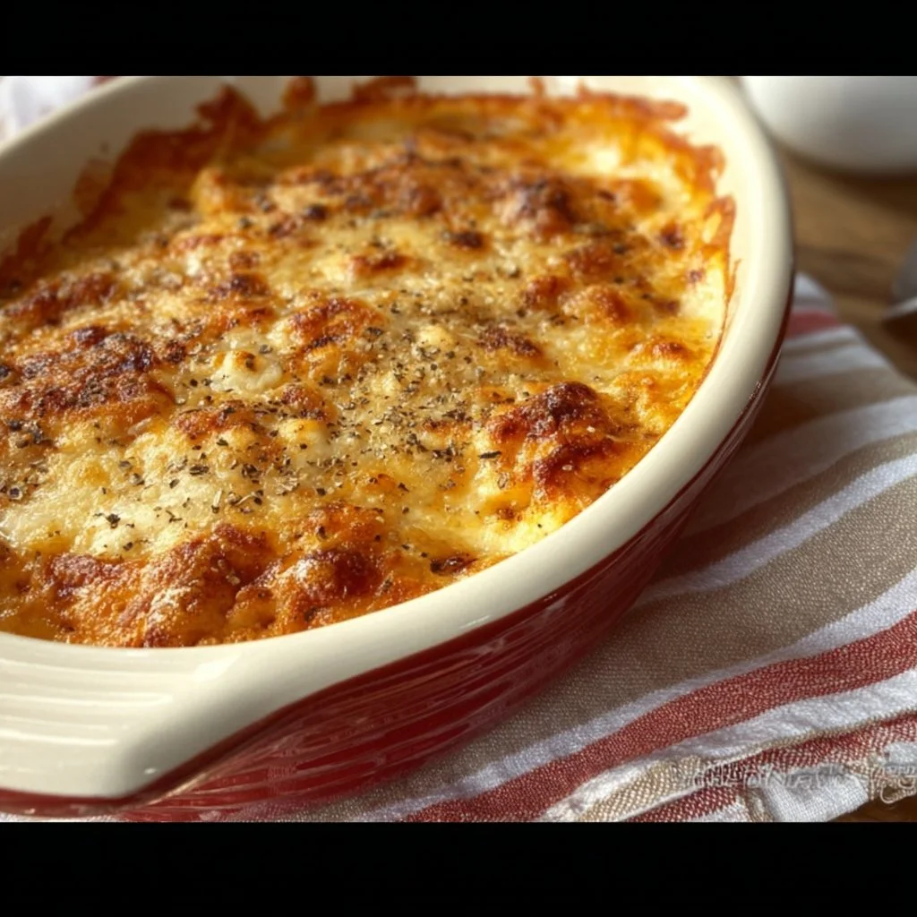Cheesy Baked Tortellini Casserole With Meat Sauce 8 Cheesy baked tortellini casserole dish with meat sauce topped with melted cheese.