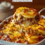 Cheesy hamburger potato casserole topped with melted cheese and herbs