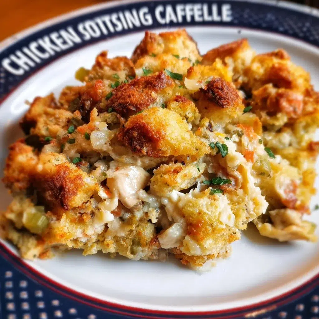 Mouthwatering chicken stuffing casserole topped with crunchy breadcrumbs