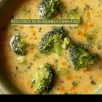 Bowl of creamy broccoli cheddar soup with broccoli florets and cheese swirl