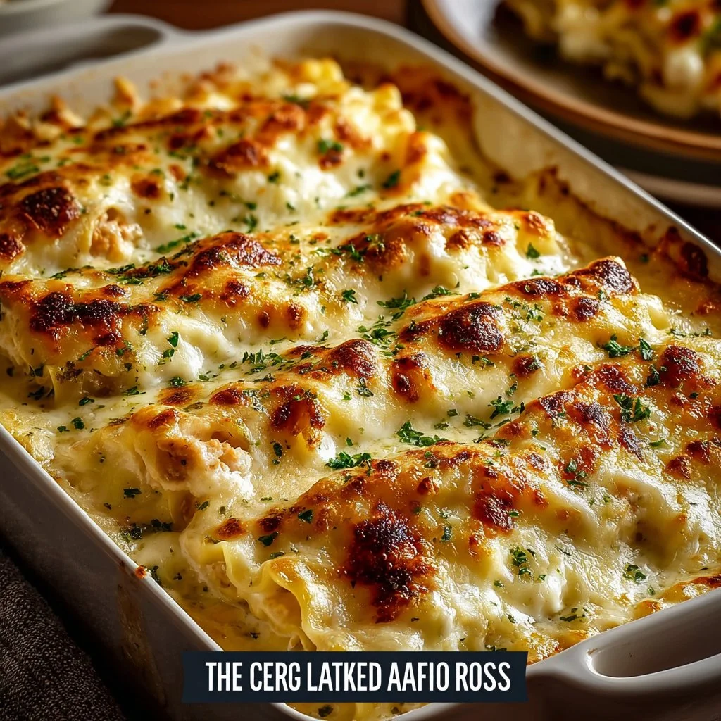 Creamy Chicken Alfredo Lasagna Rolls: A Delicious Twist on Classic Lasagna 7 Creamy Chicken Alfredo Lasagna Rolls in a baking dish, garnished with parsley.