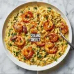 Creamy shrimp orzo dish garnished with herbs, served in a bowl.
