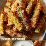 Crispy baked zucchini fries topped with Parmesan cheese on a plate