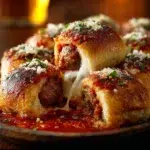 Delicious easy pull-apart meatball sliders topped with cheese and herbs