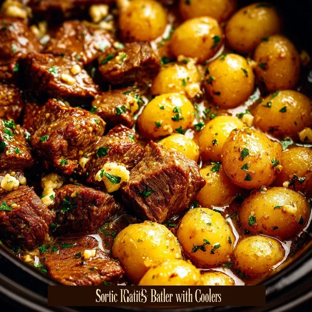 Garlic Butter Beef Bites with Potatoes 6 Garlic Butter Beef Bites served with roasted potatoes