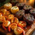 Garlic butter steak bites and shrimp served in a delicious feast