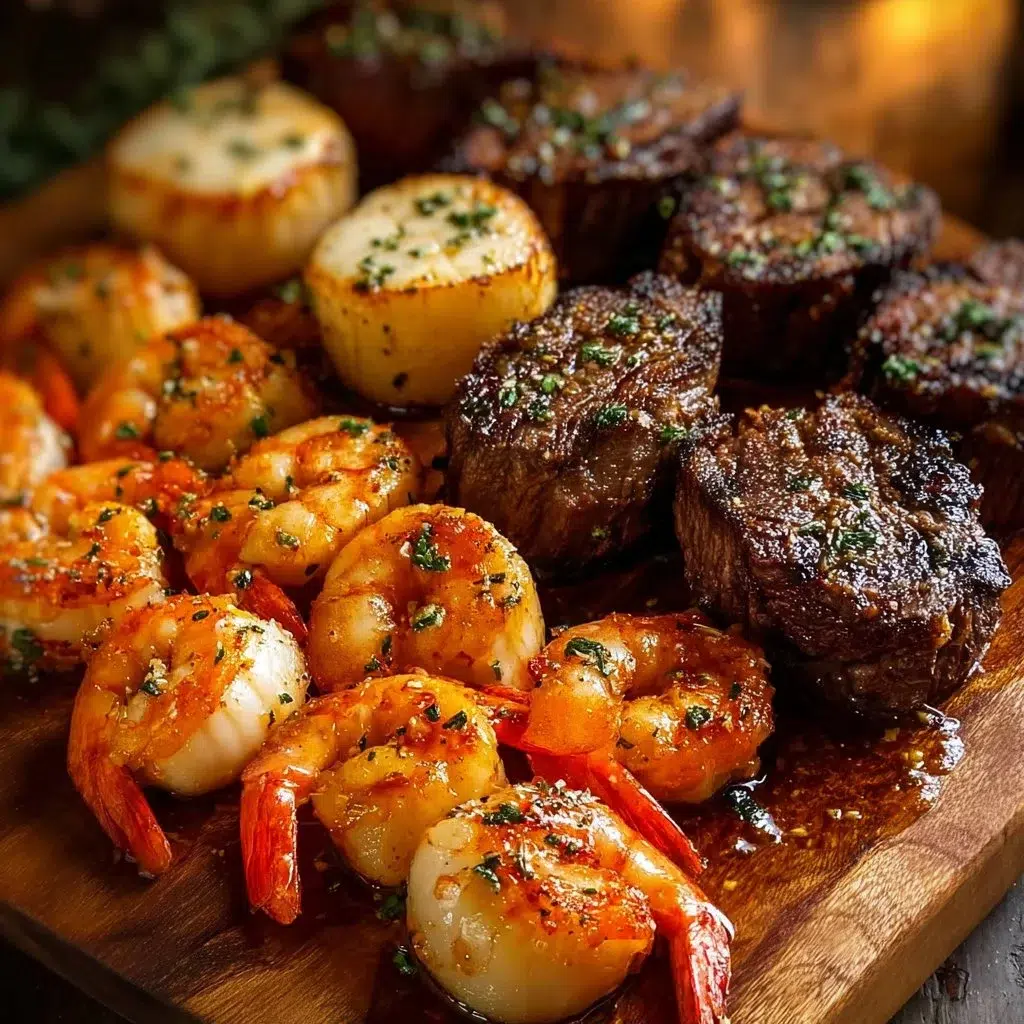 Garlic Butter Steak Bites & Shrimp Feast 7 Garlic butter steak bites and shrimp served in a delicious feast