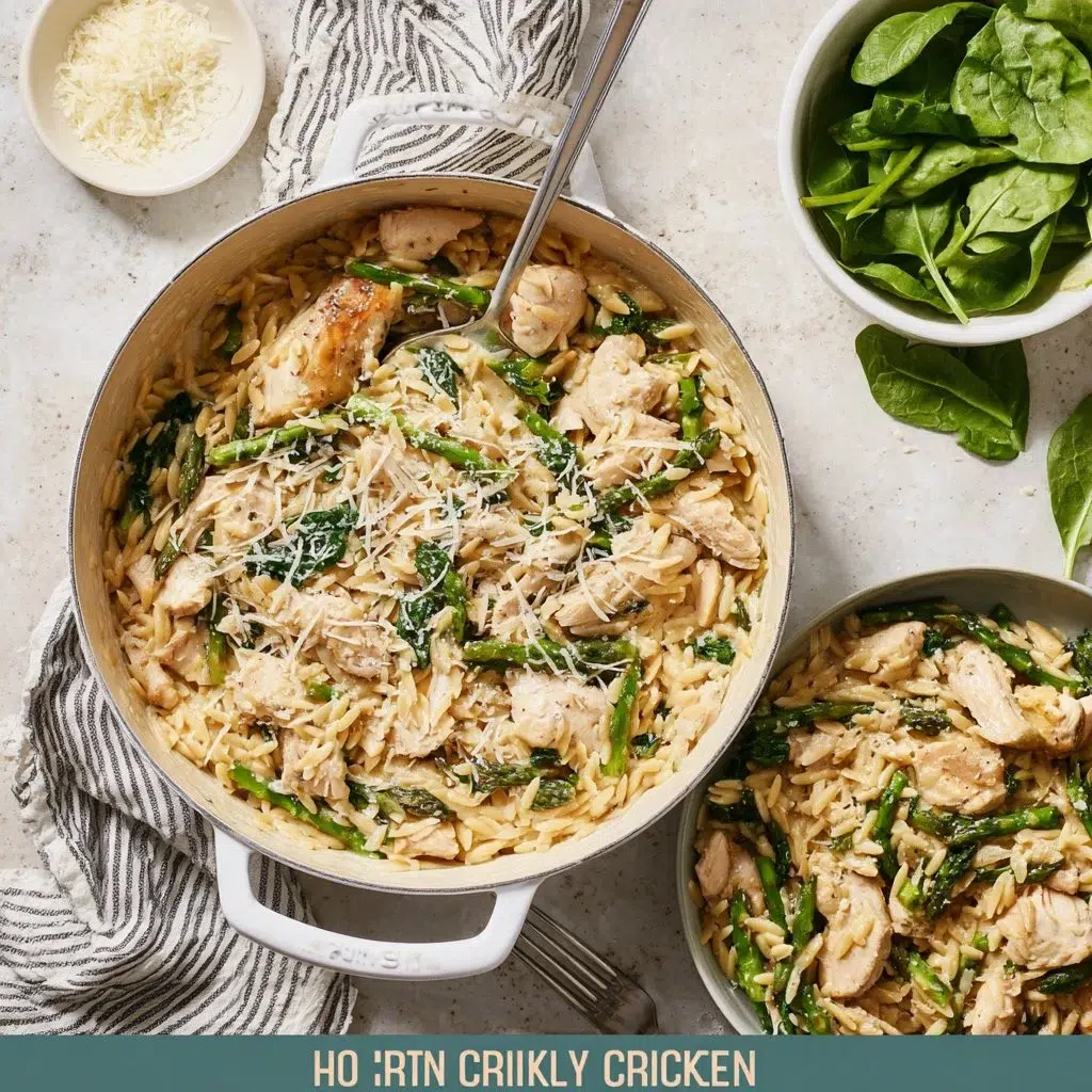 High protein chicken orzo dish garnished with herbs