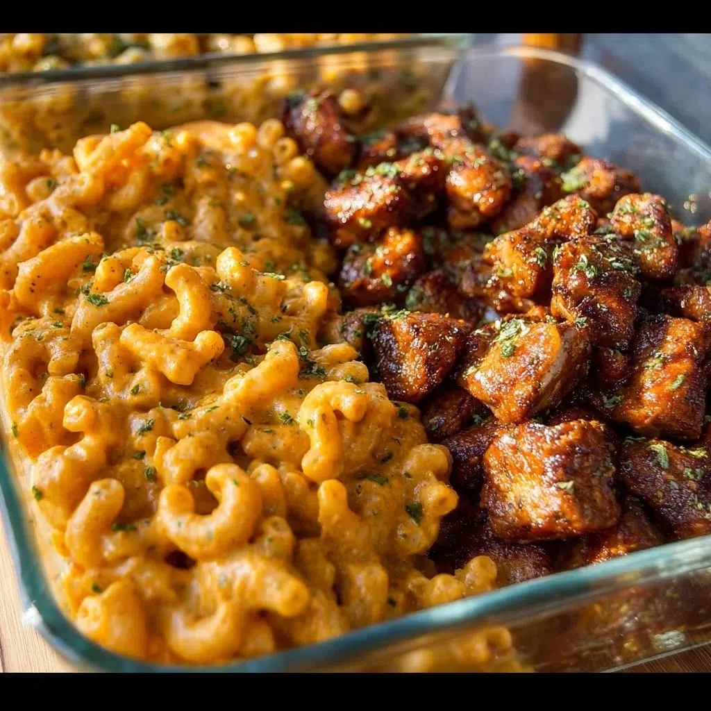 High-Protein Honey Garlic Butter Chicken with Mac & Cheese 7 High-protein honey garlic butter chicken served with mac and cheese
