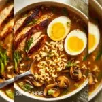 Bowl of homemade ramen with fresh ingredients and toppings