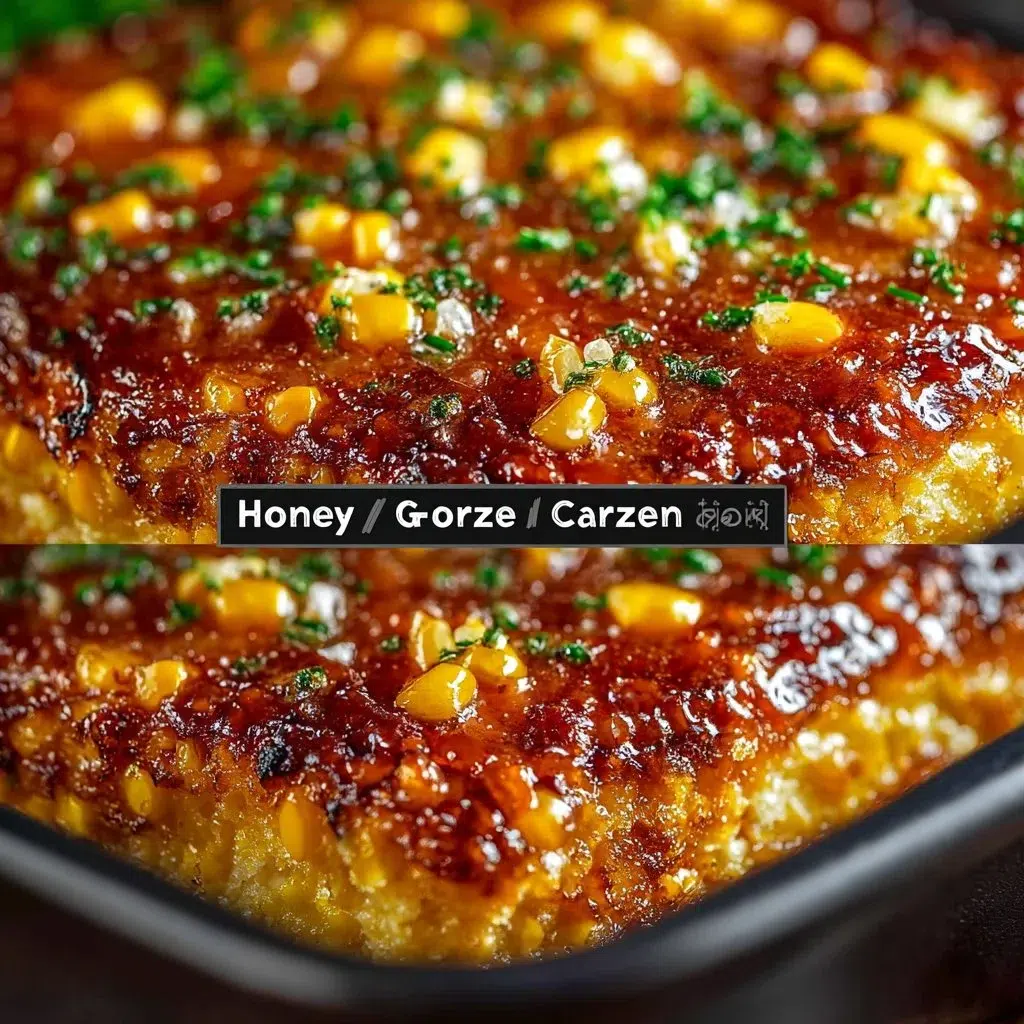 Honey Glazed Corn Casserole dish served in a bowl with fresh ingredients around