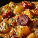 Kielbasa sausage cheesy potato casserole baked in a dish