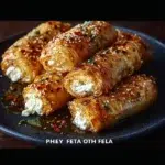 Oven-fried feta rolls drizzled with chili honey on a plate