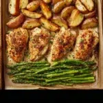 Golden Parmesan crusted chicken on a sheet pan with vegetables