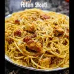 Delicious bowl of Rotel Chicken Spaghetti topped with cheese and herbs