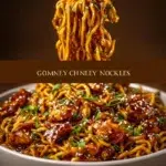Delicious sticky garlic chicken noodles served in a bowl