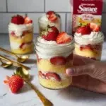 Delicious strawberry shortcake layered in a jar with fresh strawberries and cream