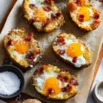Twice baked loaded breakfast potatoes topped with cheese and bacon.