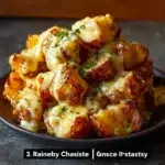 Plate of cheesy ranch potatoes topped with melted cheese and ranch seasoning