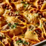 Delicious beef stuffed shells filled with savory beef and melted cheese, comfort food idea.