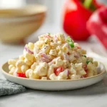Delicious creamy macaroni salad served in a bowl with fresh ingredients.