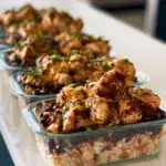 Healthy chicken and rice bowl served in a colorful dish.