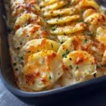 Delicious cheesy scalloped potatoes baked to perfection.