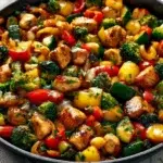 Chicken and vegetables in a skillet, healthy recipe for quick meals