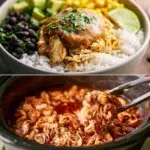 Slow cooker Chicken Burrito Bowl with rice, beans, and toppings.