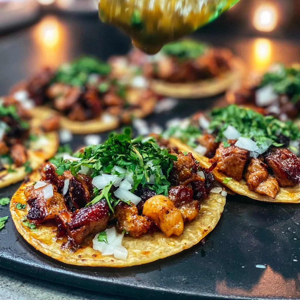 Delicious Chicken Tacos garnished with fresh ingredients on a platter