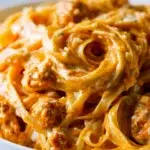 Creamy Cajun Sausage Alfredo pasta dish topped with fresh herbs