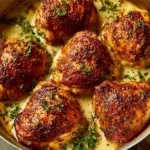 Delicious creamy garlic chicken thighs served on a plate with herbs.